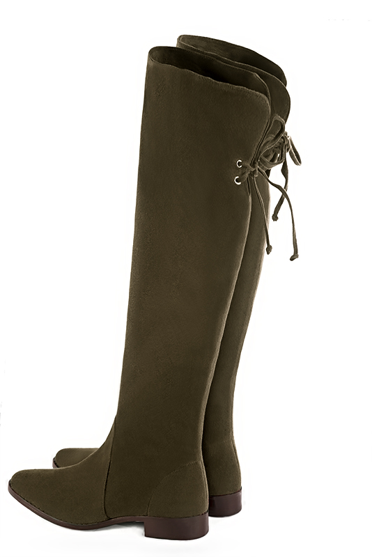 Khaki green women's leather thigh-high boots. Round toe. Flat leather soles. Made to measure. Rear view - Florence KOOIJMAN